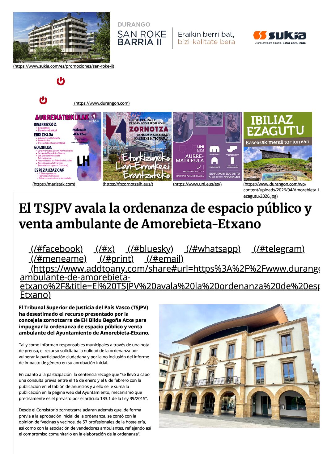 EL TSJPV AVALA LA ORDENANZA DE ESPACIO PÚBLICO Y VENTA AMBULANTE DE AMOREBIETA-ETXANO