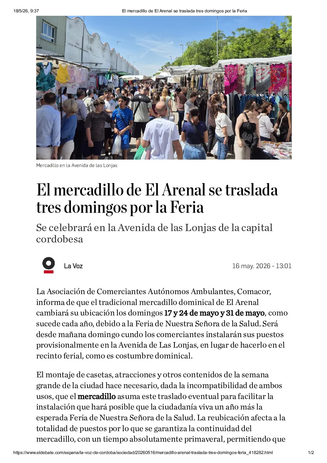 EL MERCADILLO DE EL ARENAL SE TRASLADA TRES DOMINGOS POR LA FERIA