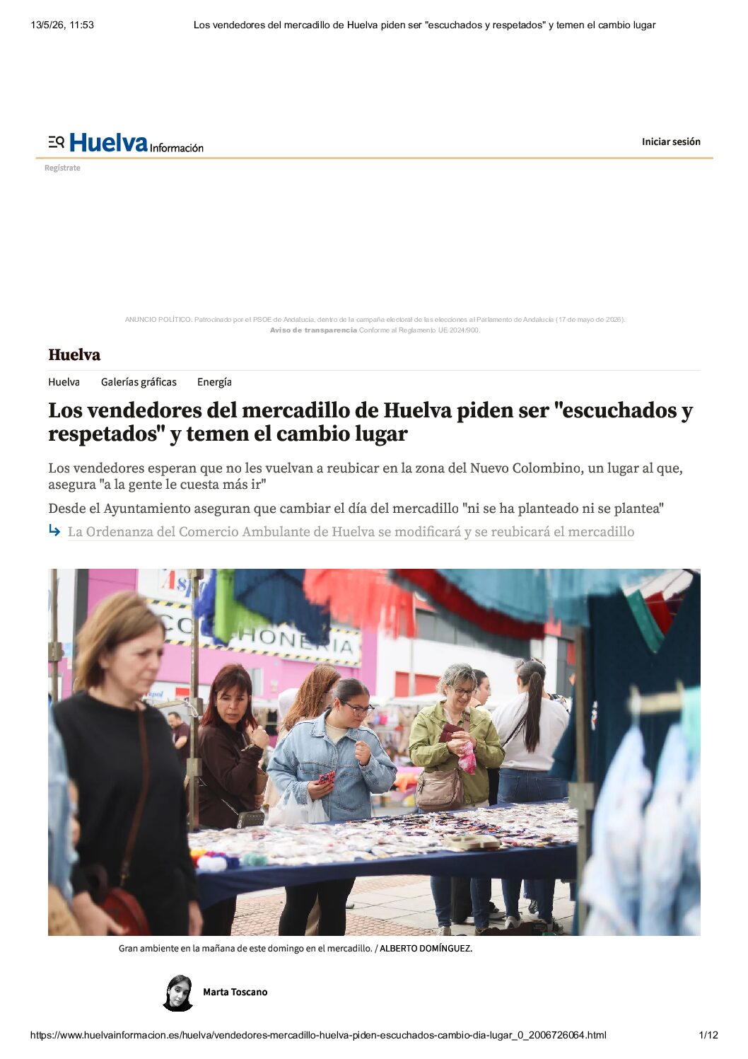 LOS VENDEDORES DEL MERCADILLO DE HUELVA PIDEN SER «ESCUCHADOS Y RESPETADOS» Y TEMEN EL CAMBIO DE LUGAR