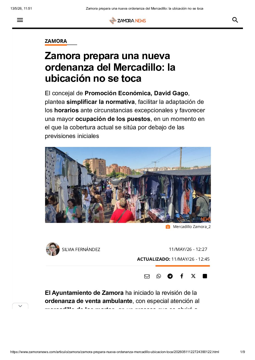 ZAMORA PREPARA UNA NUEVA ORDENANZA DEL MERCADILLO: LA UBICACIÓN NO SE TOCA