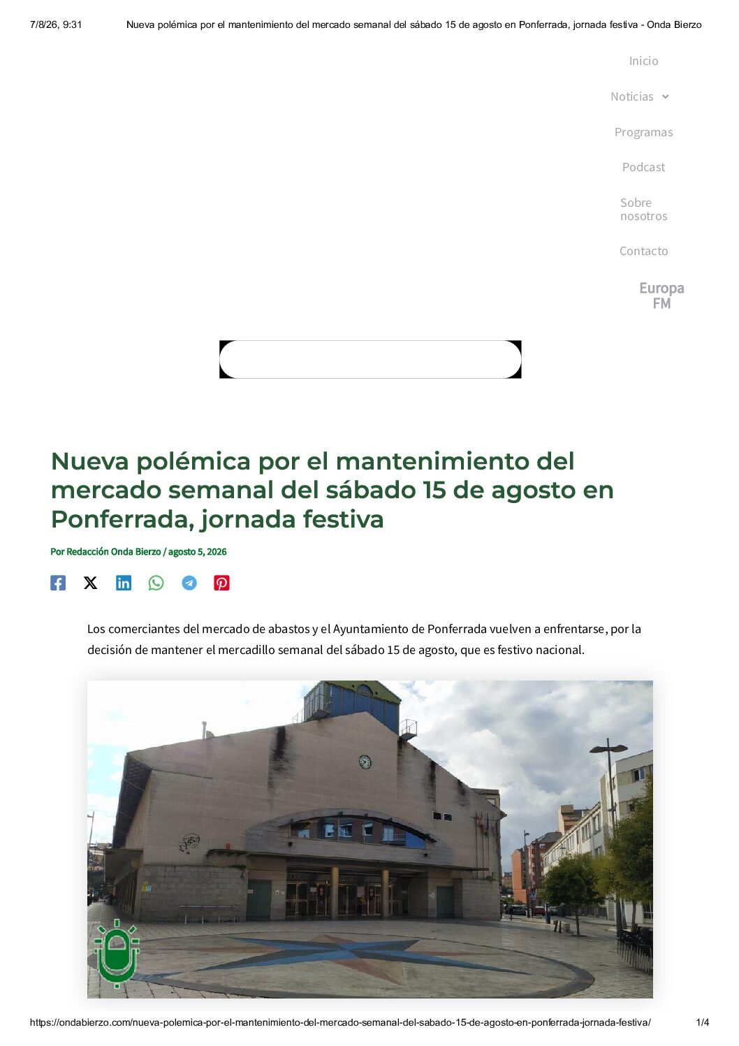 Nueva polémica por el mantenimiento del mercado semanal del sábado 15 de agosto en Ponferrada, jornada festiva – Onda Bierzo