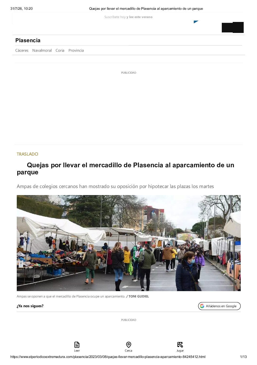 Quejas por llevar el mercadillo de Plasencia al aparcamiento de un parque