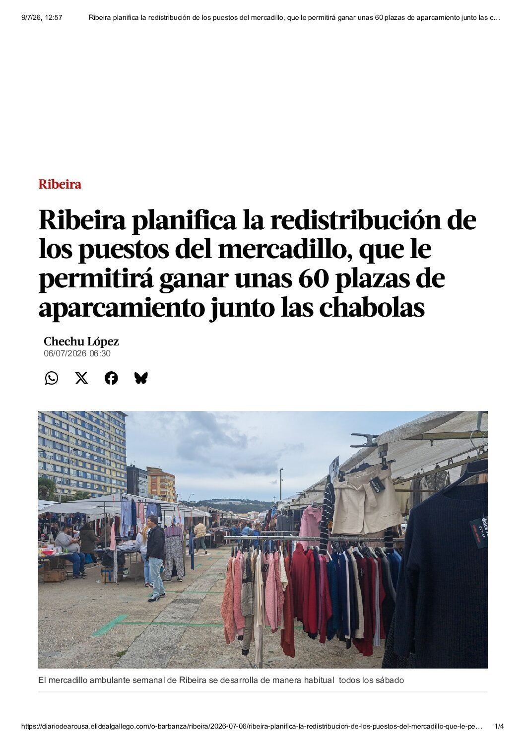 Ribeira planifica la redistribución de los puestos del mercadillo, que le permitirá ganar unas 60 plazas de aparcamiento junto las chabolas