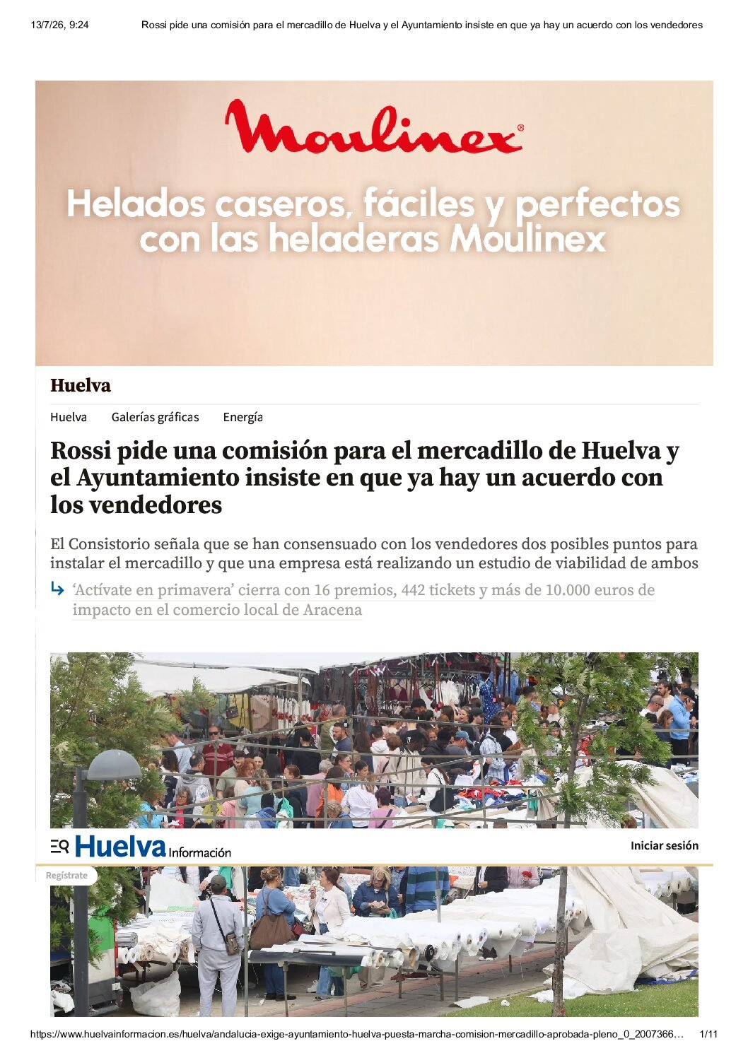 Rossi pide una comisión para el mercadillo de Huelva y el Ayuntamiento insiste en que ya hay un acuerdo con los vendedores